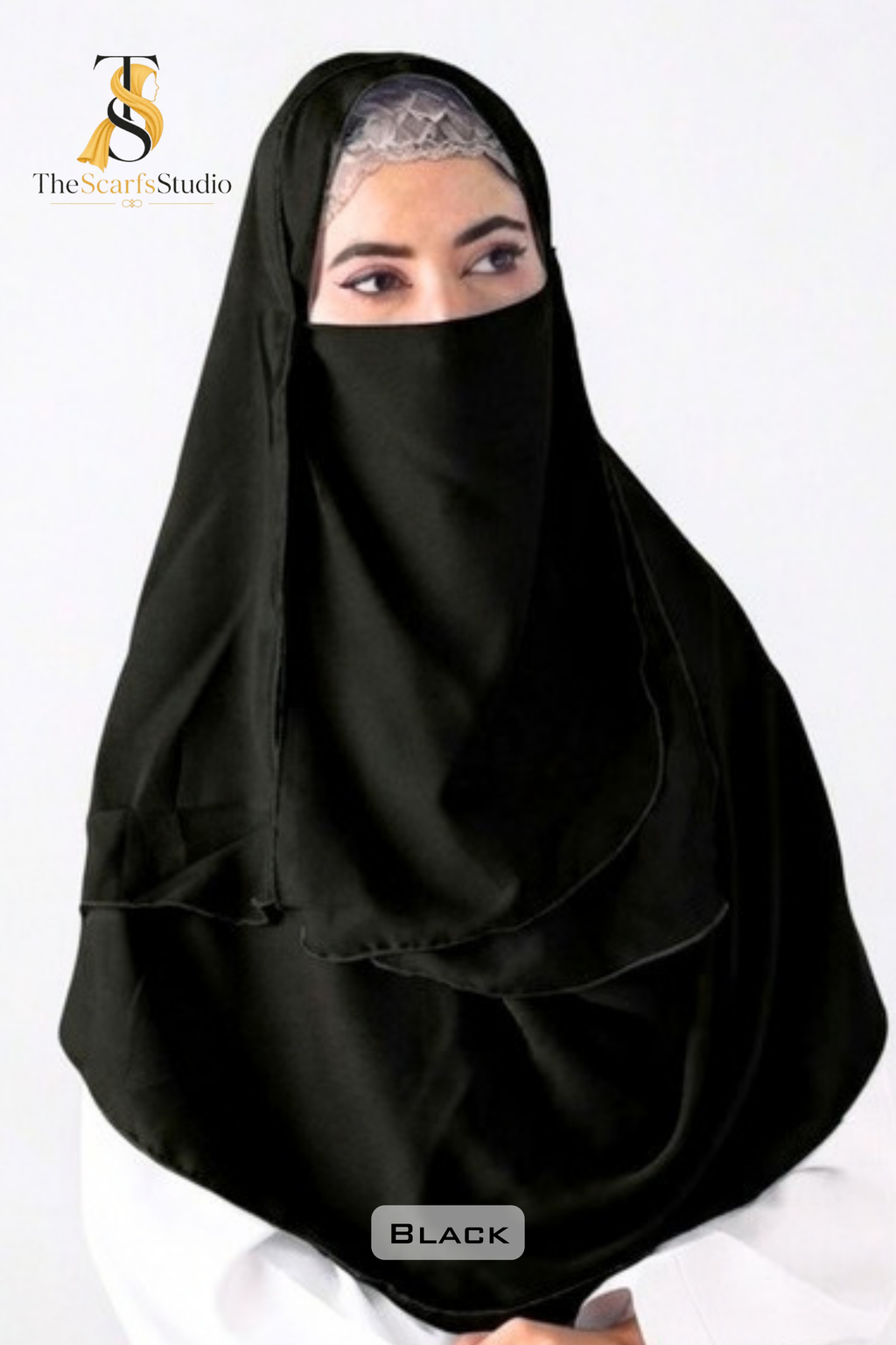 Double Loop Hijab With Plain Attached Niqab -- Black