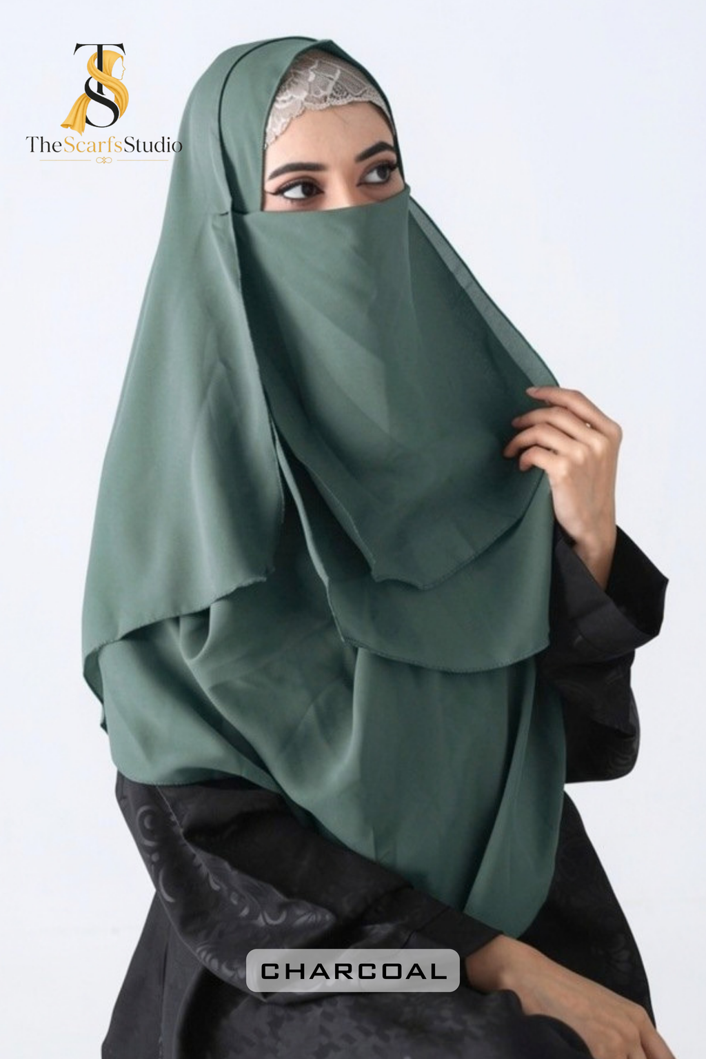 Double Loop Hijab With Plain Attached Niqab -- Charcoal