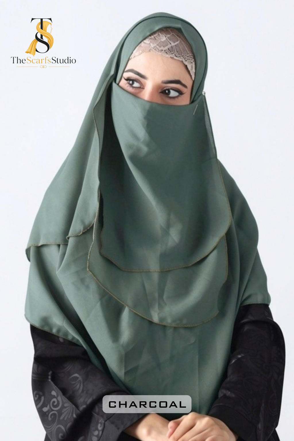 Double Loop Hijab With Plain Attached Niqab -- Charcoal