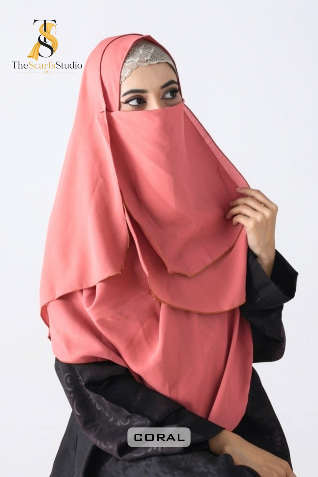 Double Loop Hijab With Plain Attached Niqab -- Coral
