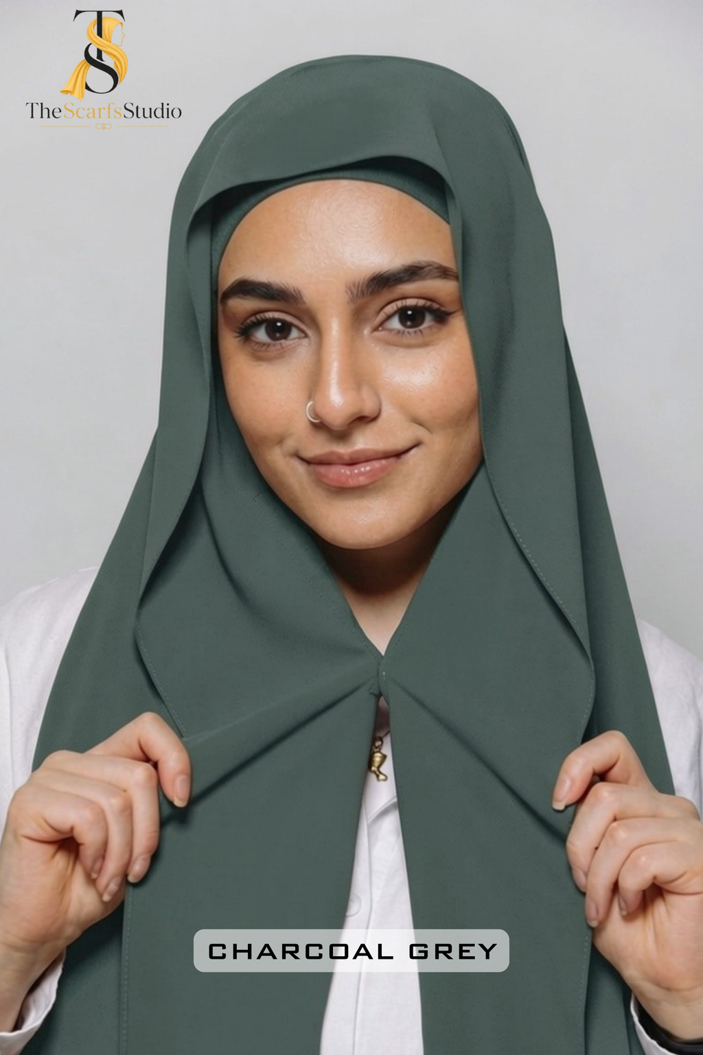Instant Georgette Hijab with built in Magnet & Attached Cap - Charcoal Grey