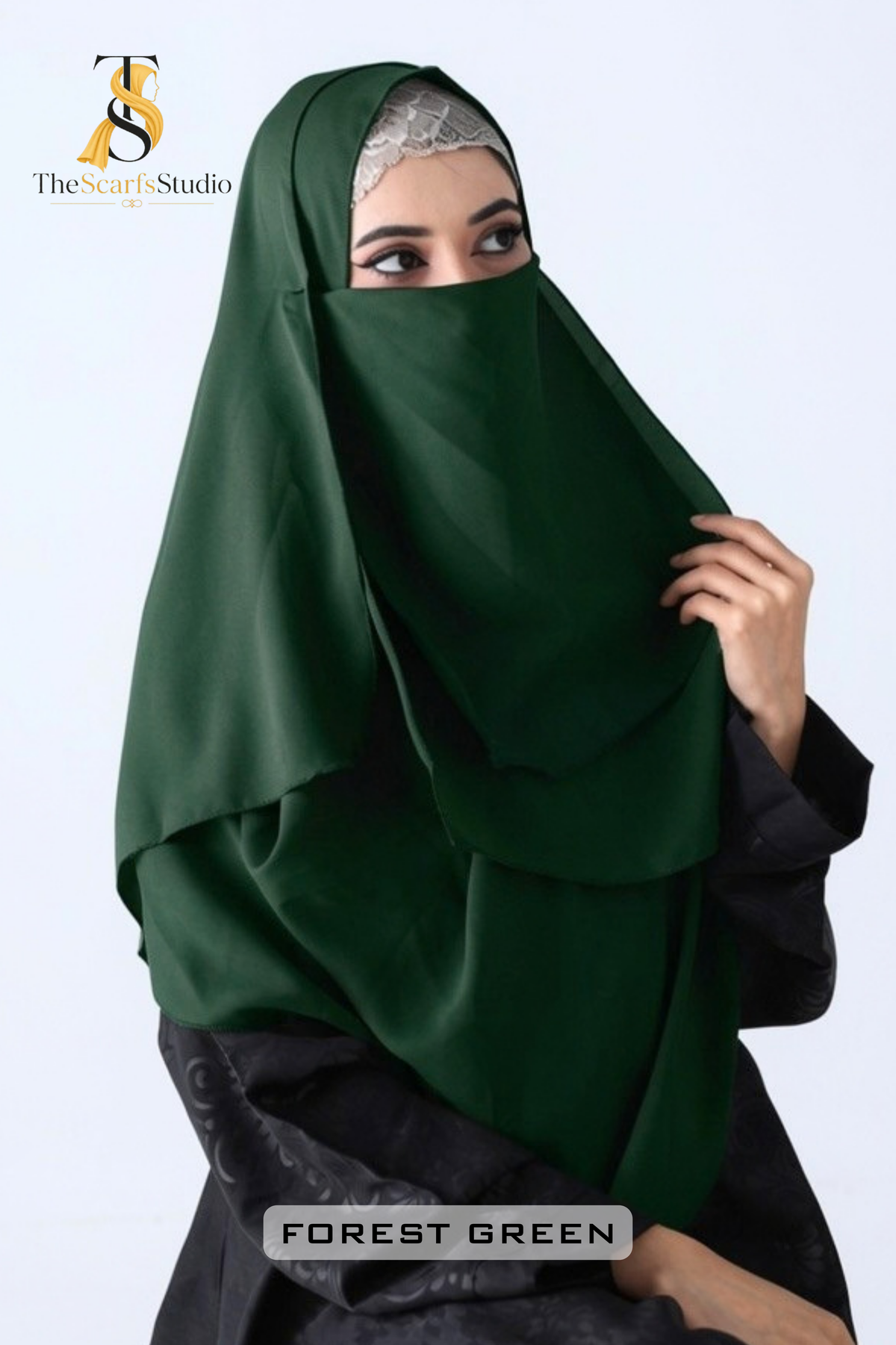 Double Loop Hijab With Plain Attached Niqab -- Forest Green