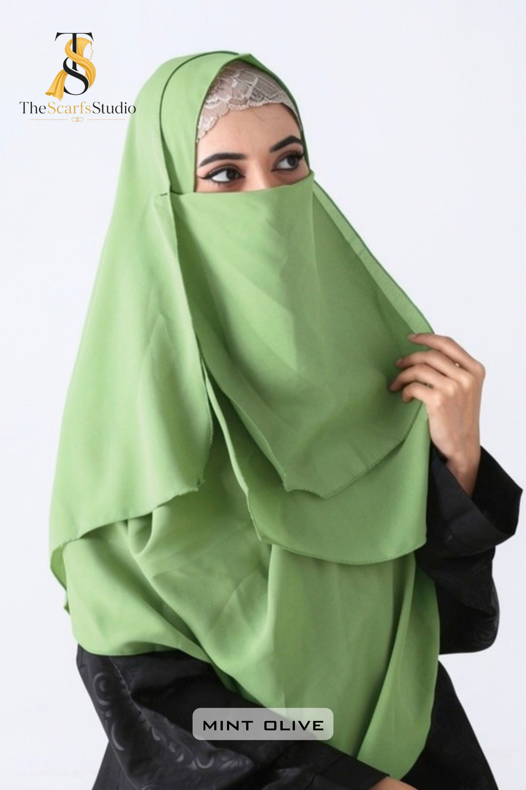 Double Loop Hijab With Plain Attached Niqab -- Mint Olive