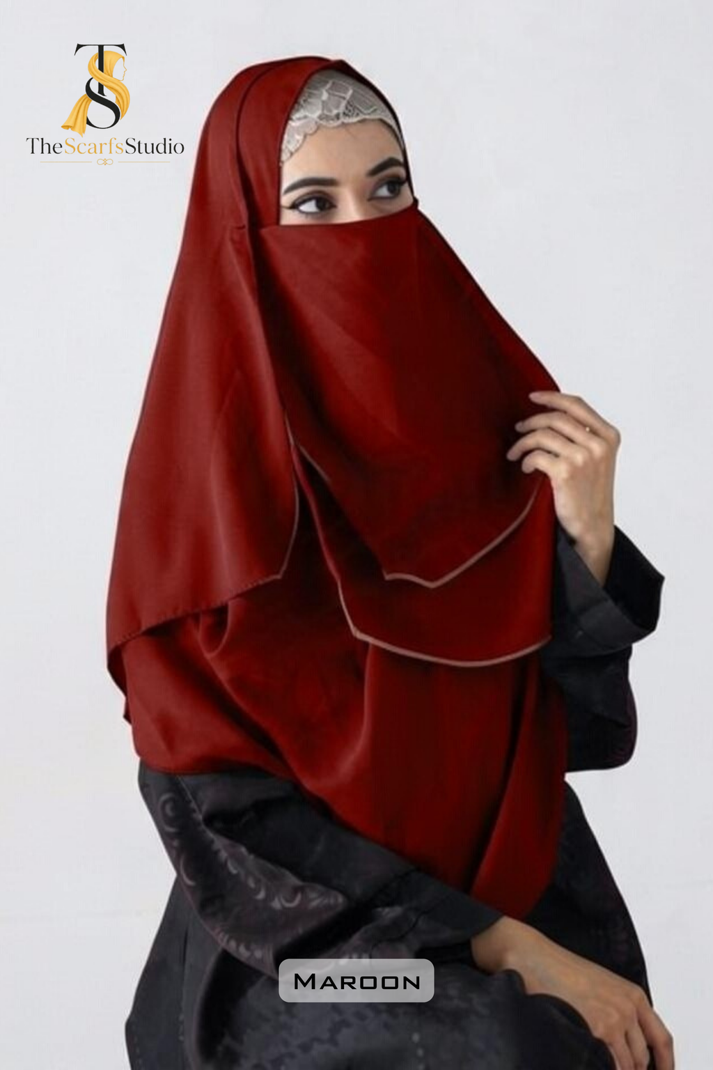 Double Loop Hijab With Plain Attached Niqab -- Maroon