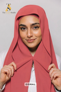Instant Georgette Hijab with built in Magnet & Attached Cap - Coral