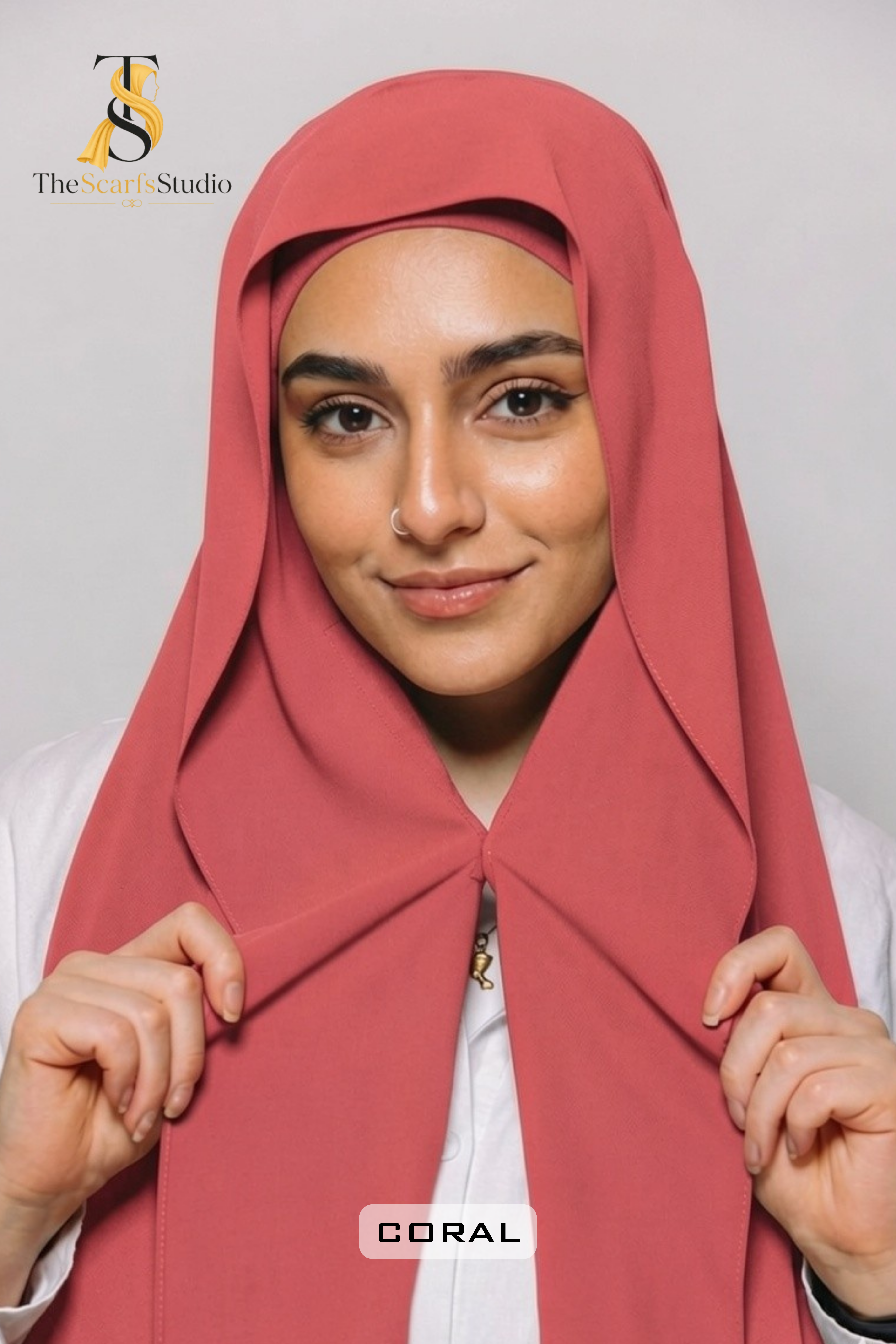 Instant Georgette Hijab with built in Magnet & Attached Cap - Coral