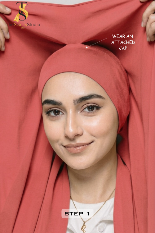 Instant Georgette Hijab with built in Magnet & Attached Cap - Coral