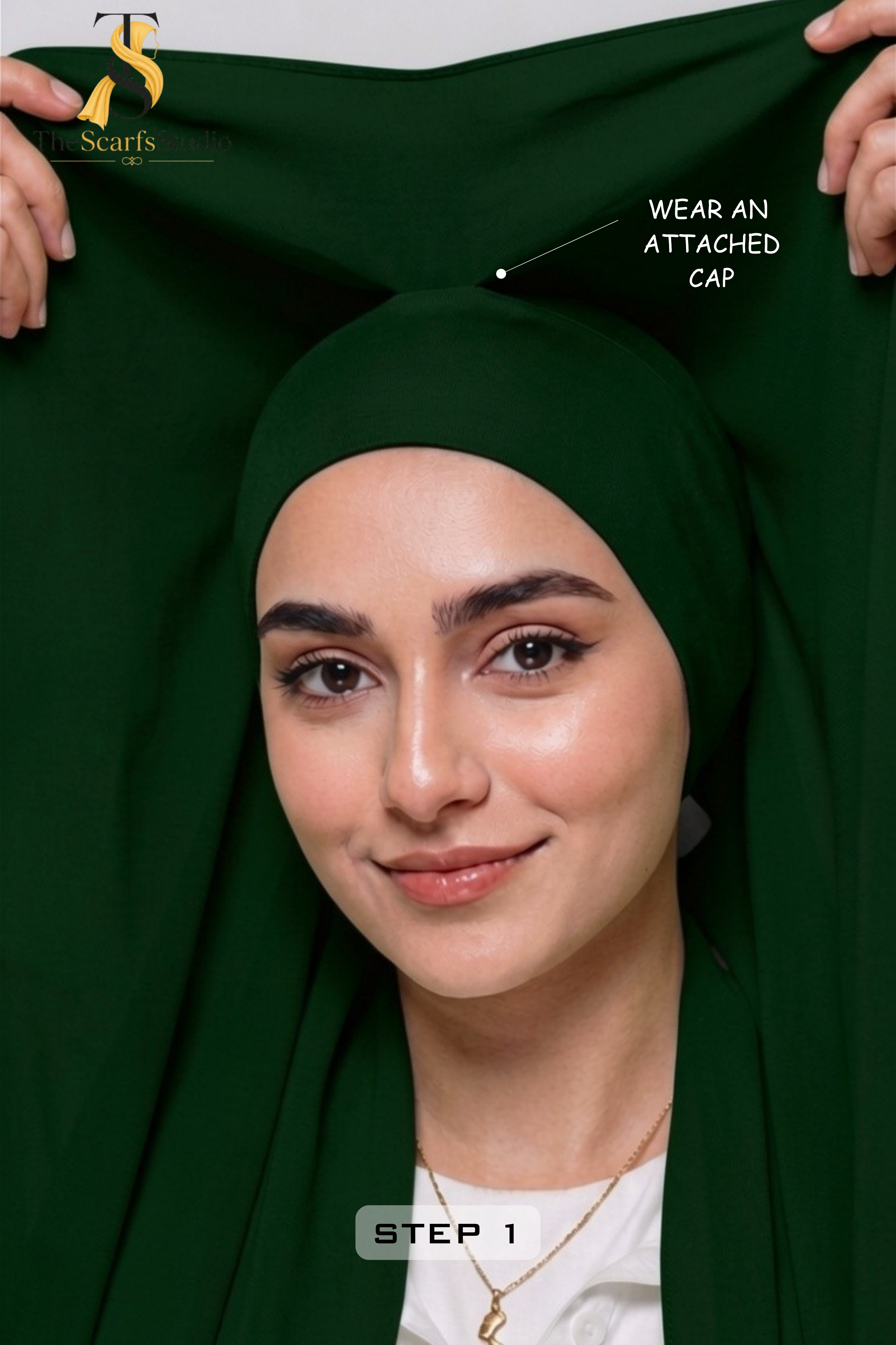Instant Georgette Hijab with built in Magnet & Attached Cap - Forest Green