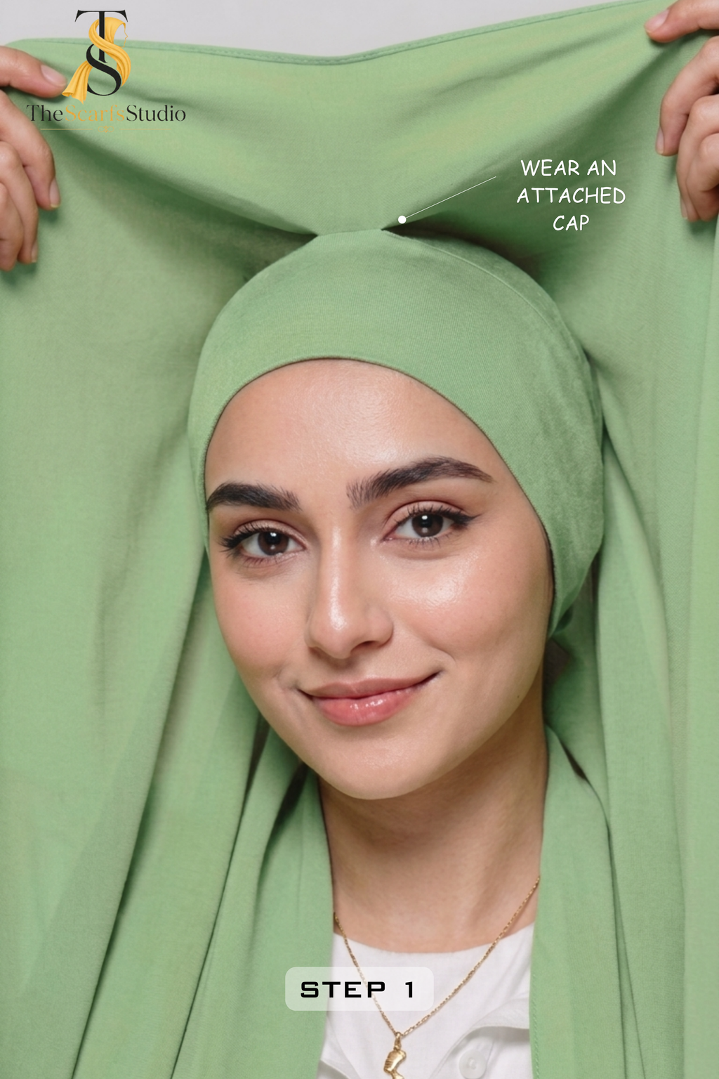 Instant Georgette Hijab with built in Magnet & Attached Cap - Mint Olive