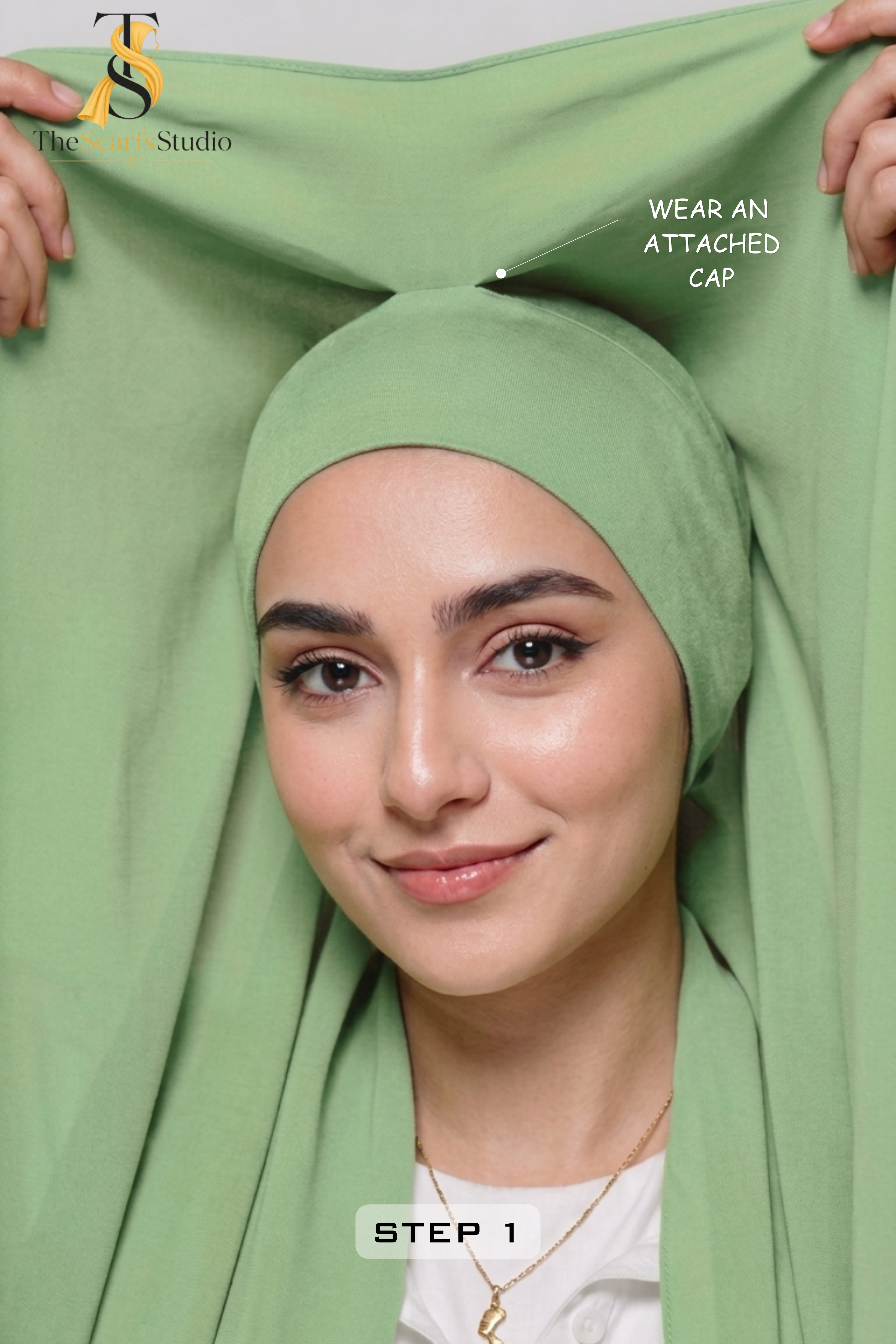 Instant Georgette Hijab with built in Magnet & Attached Cap - Mint Olive