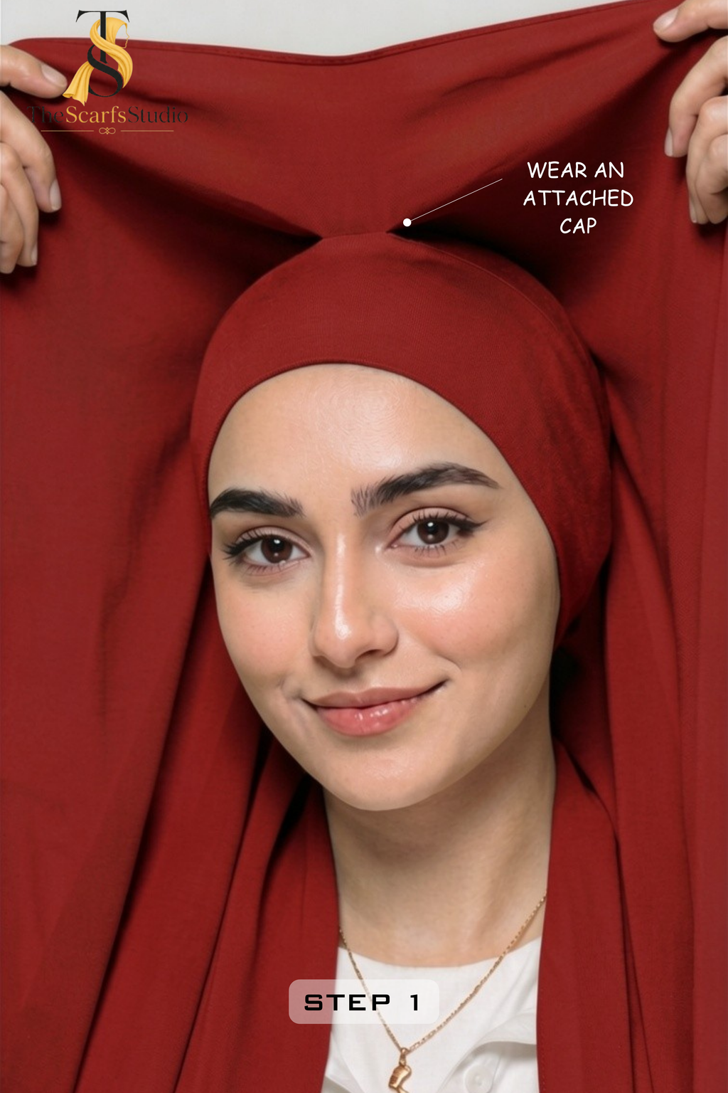 Instant Georgette Hijab with built in Magnet & Attached Cap - Ruby