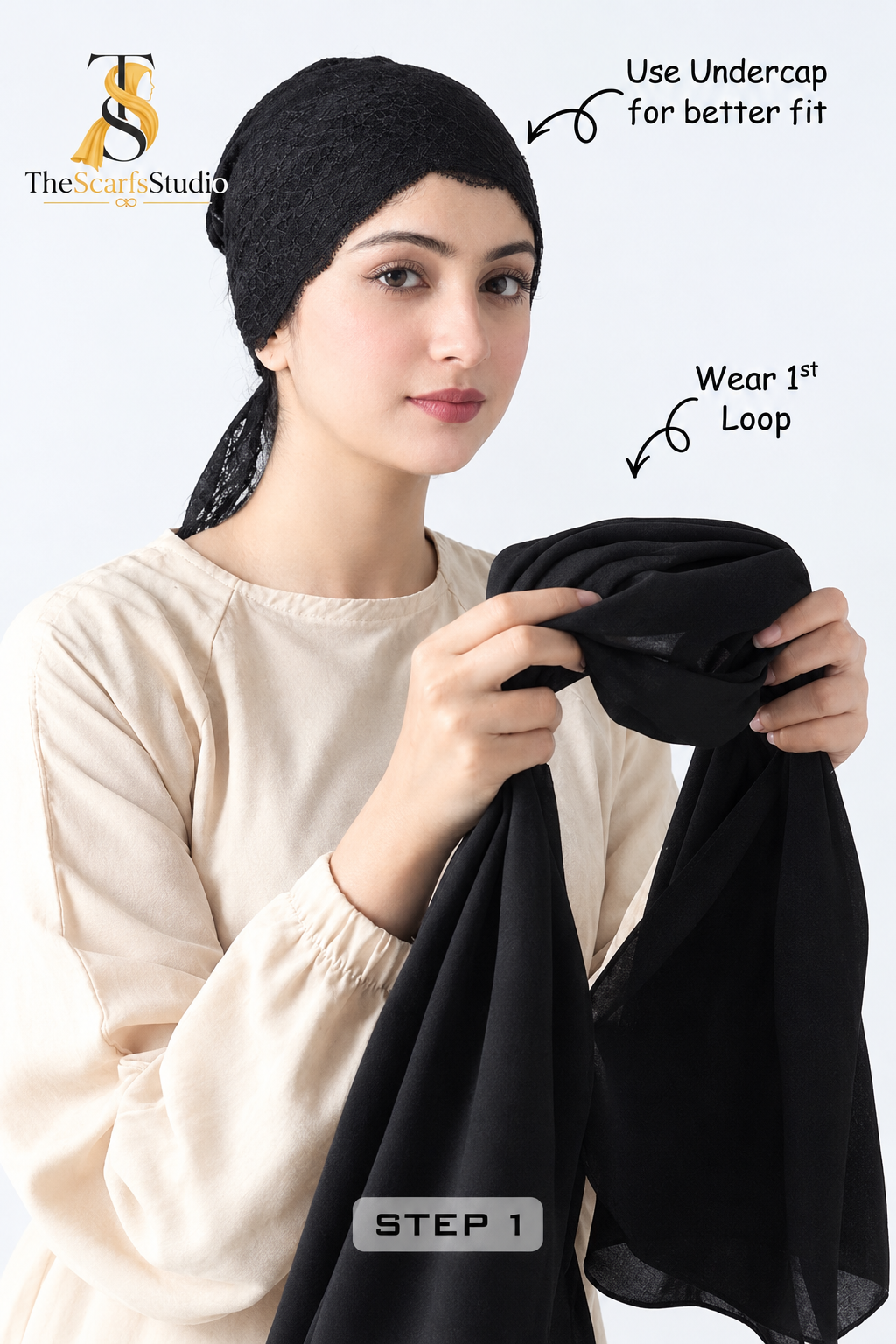 Double Loop Hijab With Plain Attached Niqab -- Black