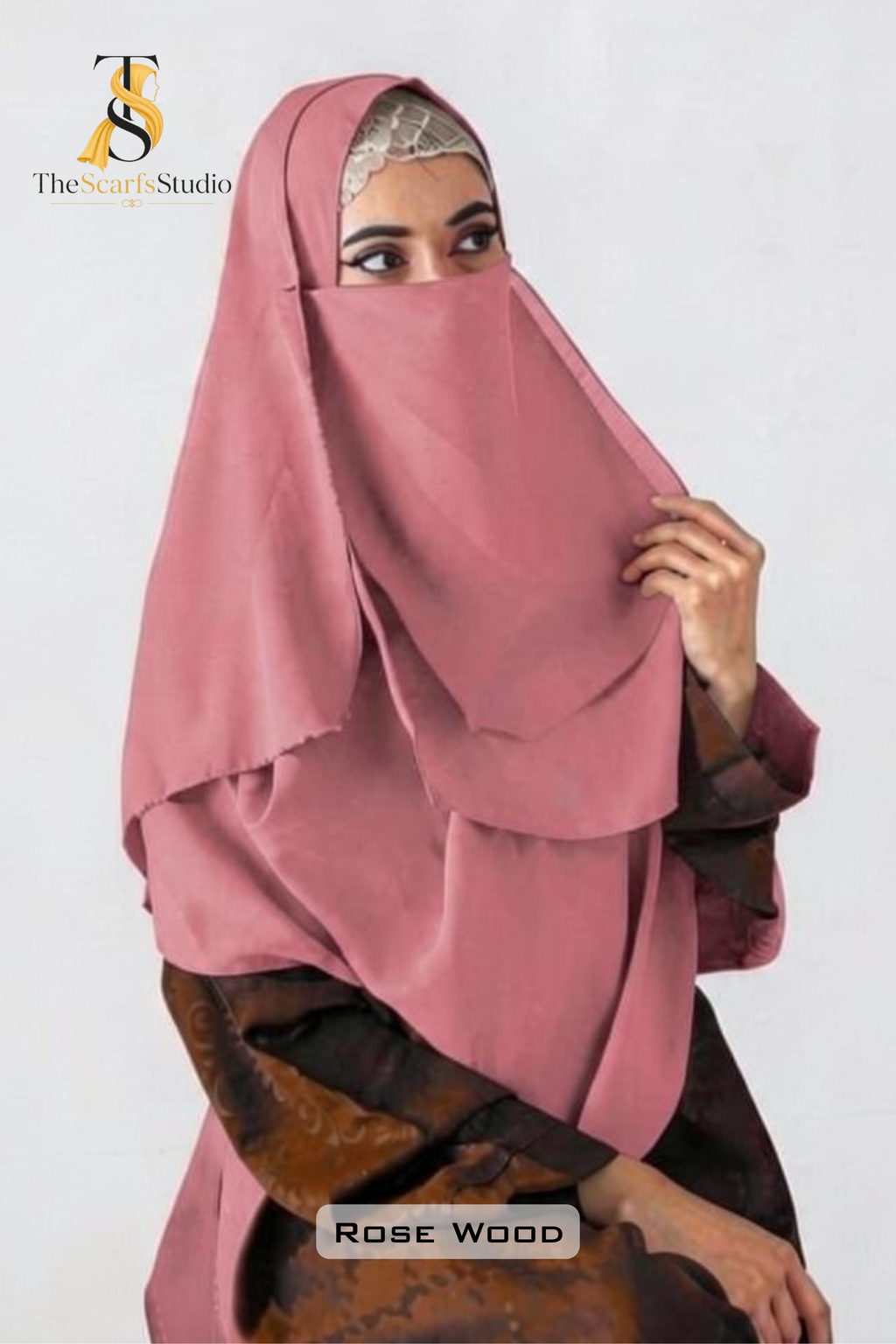 Double Loop Hijab With Plain Attached Niqab -- Rose Wood
