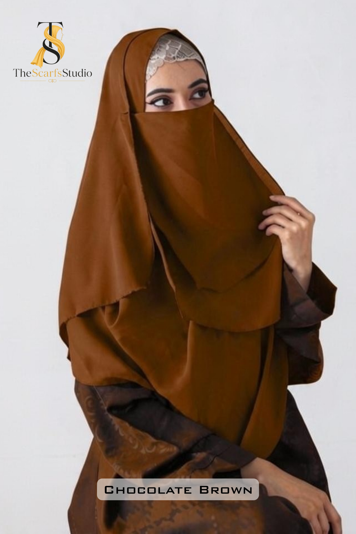 Double Loop Hijab With Plain Attached Niqab -- Chocolate Brown