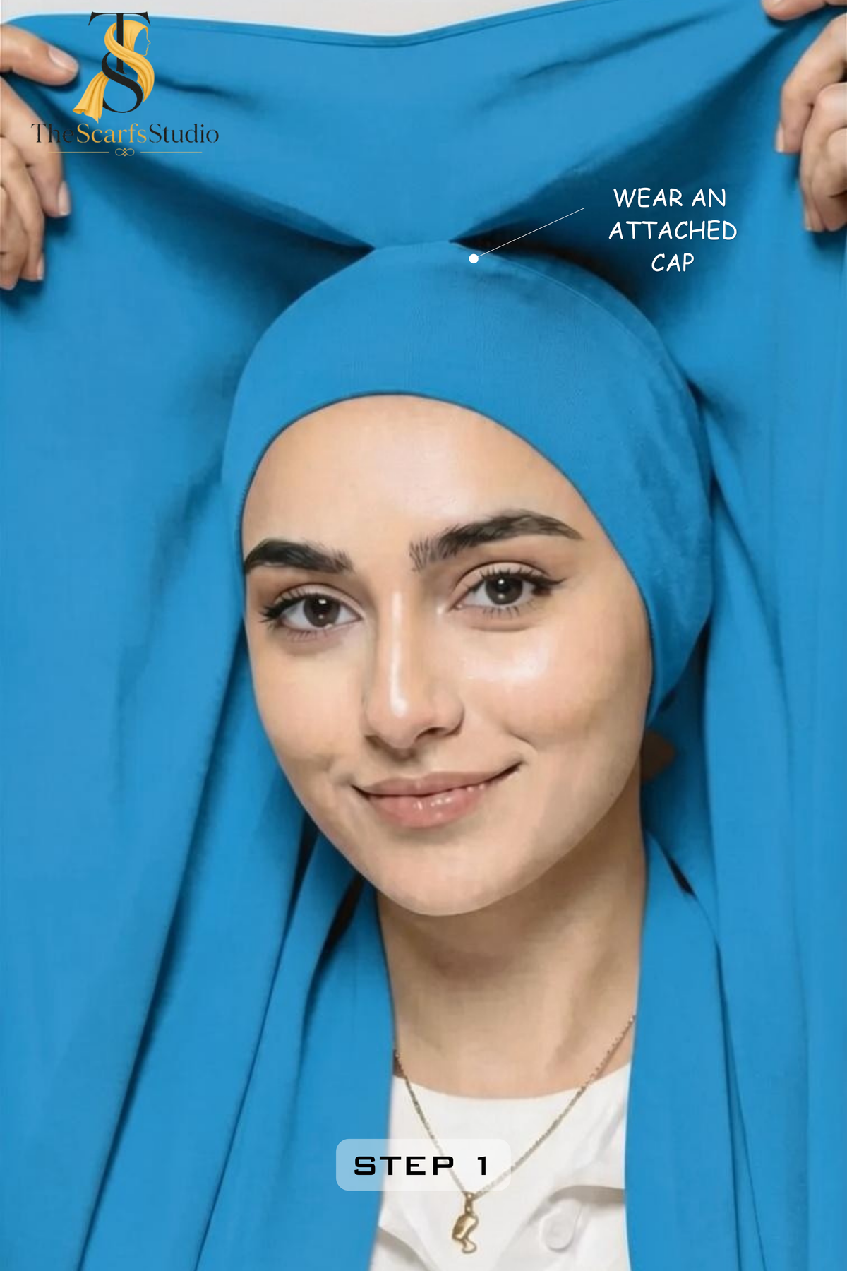 Instant Georgette Hijab with built in Magnet & Attached Cap - Turqoise Blue